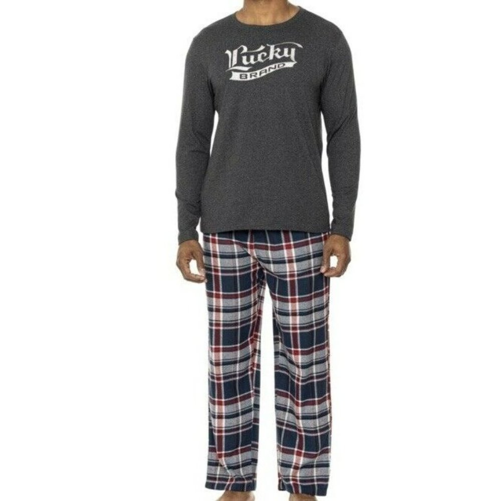 New Lucky Brand Men's 2-Pc Pajama Soft  Jersey‎ & Plaid Flannel Pant Set XL